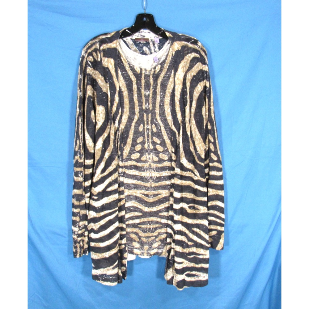 CULLEN 2Pc Lightweight LINEN BLEND Black/Brown ANIMAL PRINT Cardigan Tank Top L